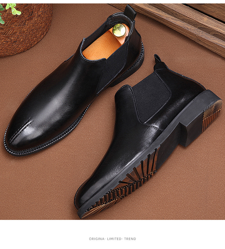 Boot Chelsea nam cổ thấp mũi nhọn bằng da bò, đế mềm giữ ấm mùa đông — Màu đen lót da, Màu đen lót nhung