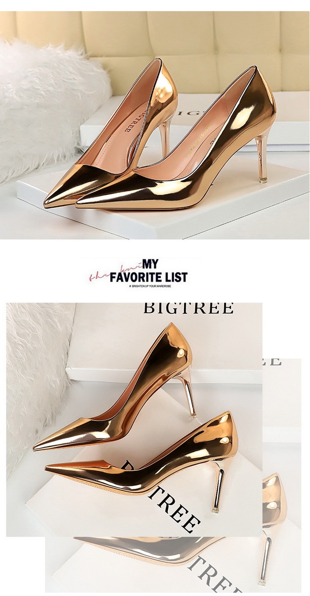 Giày cao gót nữ mũi nhọn gót kim loại phối da bóng — 9511-7 Bạc 10.5CM, 9511-7 đen 10.5CM, 9511-7 Đồng 10.5CM, 9511-7 màu sâm panh 10.5CM