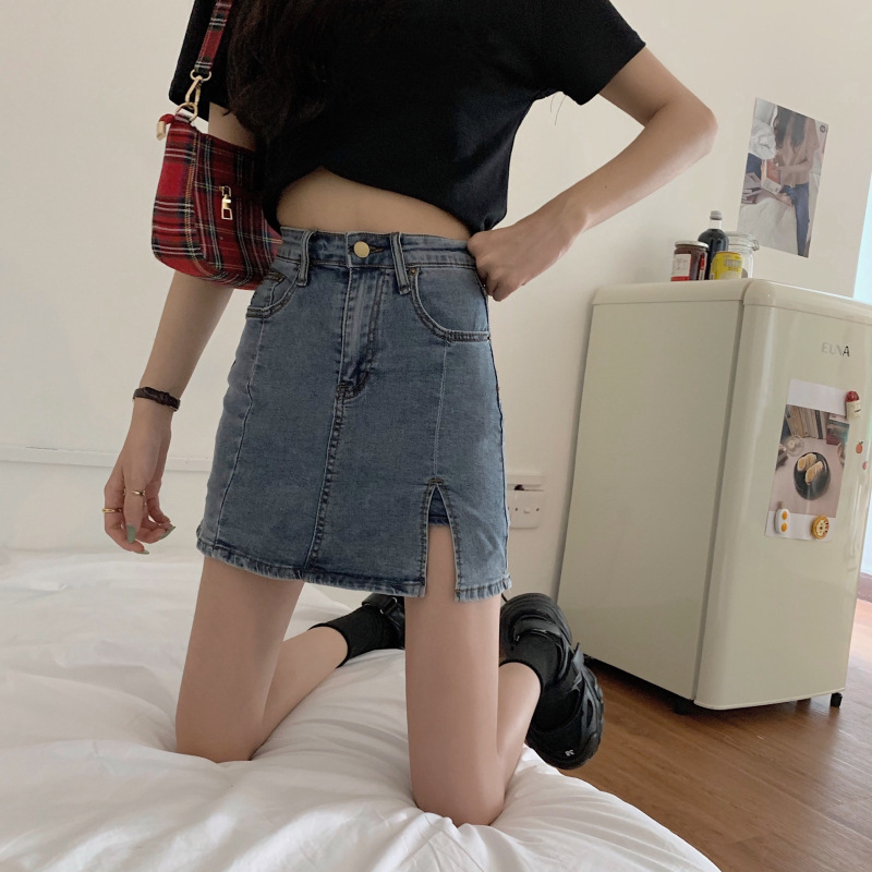 High Waisted Denim Skirt A Line Stretch Fabric Split Design Summer Casual Wear Wholesale Available