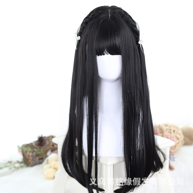 Wig Women's Foreign Trade Black Long Straight lolit Wig Full Head Cover Net Red Chemical Fiber High Temperature Silk Full Top Wig Cover wigs