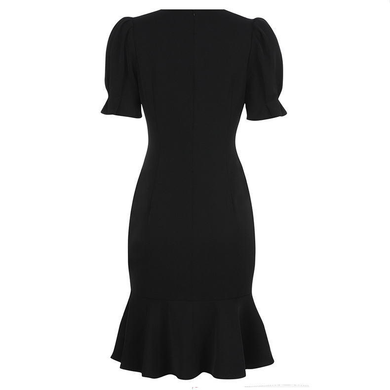 Đầm maxi nữ thắt eo cổ V tay bồng đuôi cá — Trắng, Đen chi tiết 8