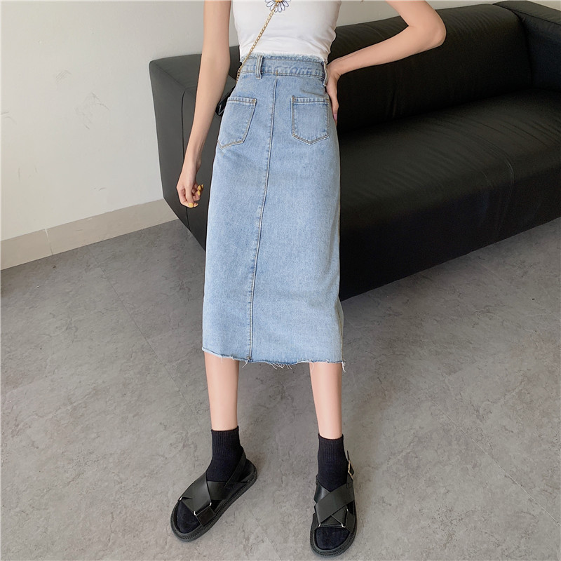High Waisted Irregular Denim Midi Skirt Single Button A Line Slim Fit Spring Summer Fashion for Women Wholesale