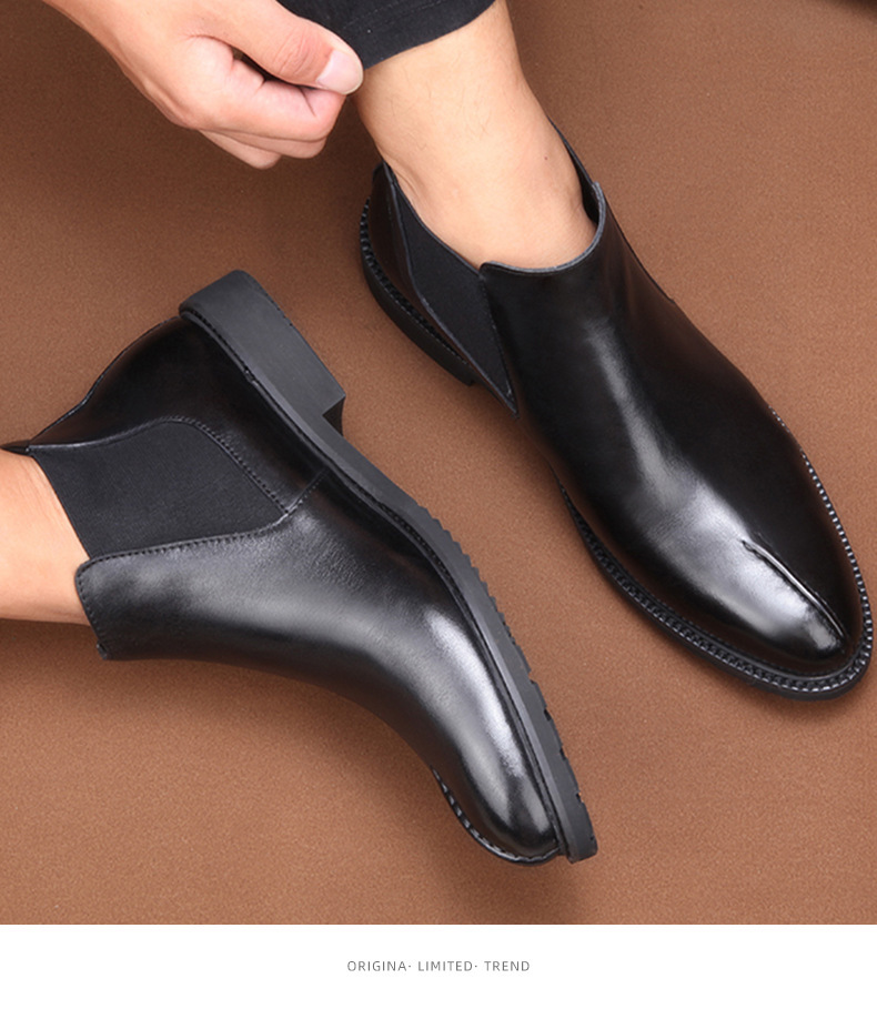 Boot Chelsea nam cổ thấp mũi nhọn bằng da bò, đế mềm giữ ấm mùa đông — Màu đen lót da, Màu đen lót nhung