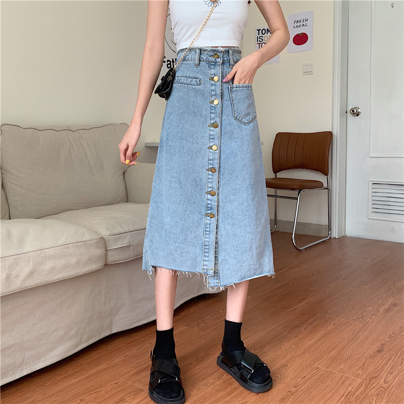 High Waisted Irregular Denim Midi Skirt Single Button A Line Slim Fit Spring Summer Fashion for Women Wholesale