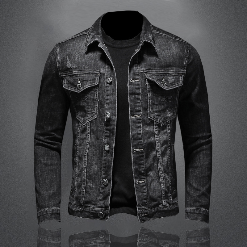 Áo Khoác Jean Nam Biker Retro Slim Fit Màu Đen Xám