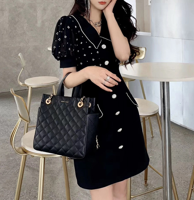 Đầm maxi nữ thắt eo cổ sơ mi tay ngắn đính đá — Trắng, Đen chi tiết 6
