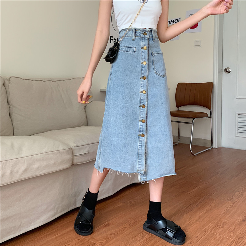 High Waisted Irregular Denim Midi Skirt Single Button A Line Slim Fit Spring Summer Fashion for Women Wholesale