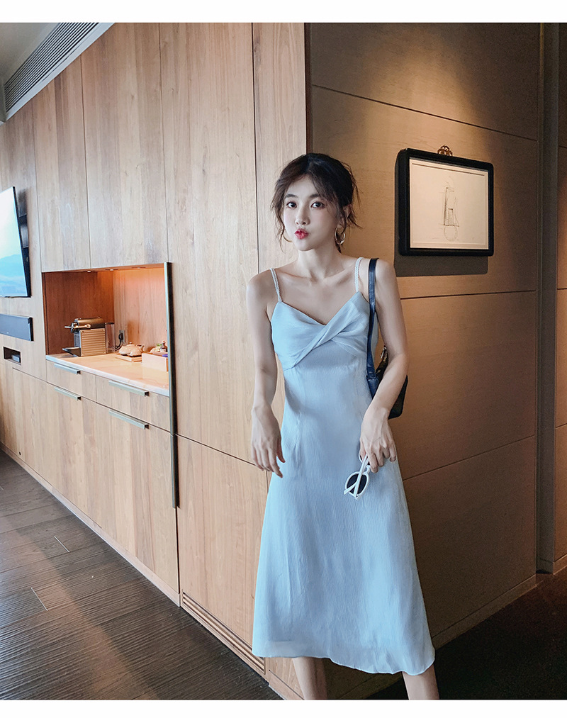 Đầm maxi nữ thắt eo phong cách Pháp cổ điển — Trắng, Xanh nhạt chi tiết 4