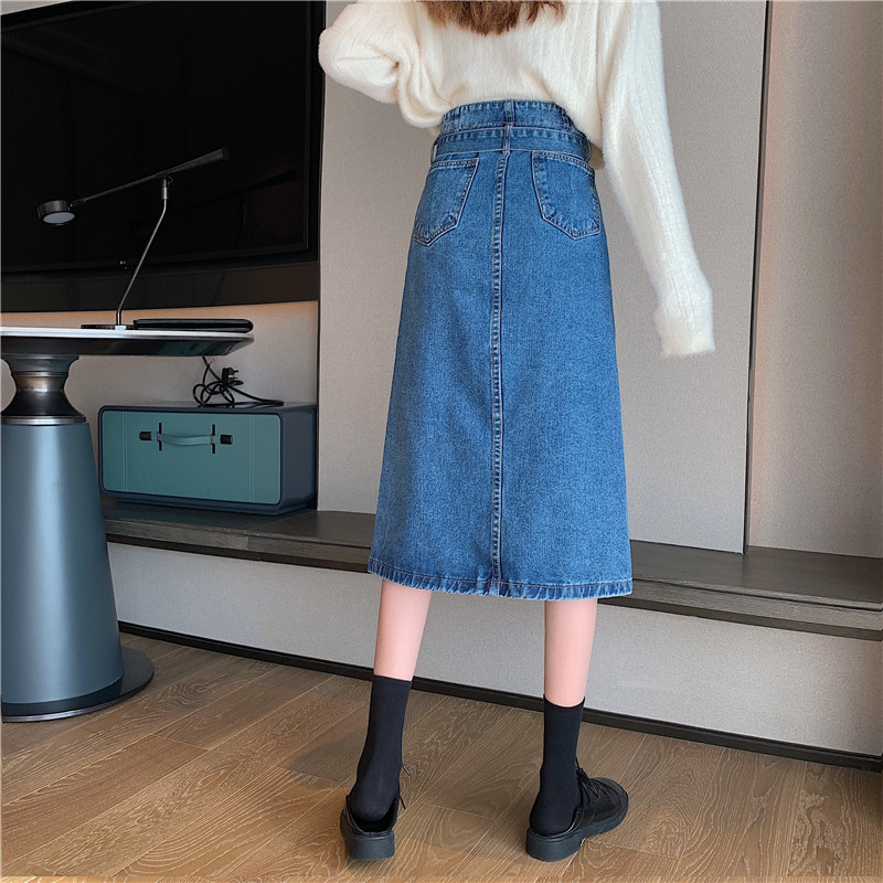 High Waisted Denim Midi Skirt A Line Bodycon Fit Side Slit Versatile Style Perfect for Spring and Autumn
