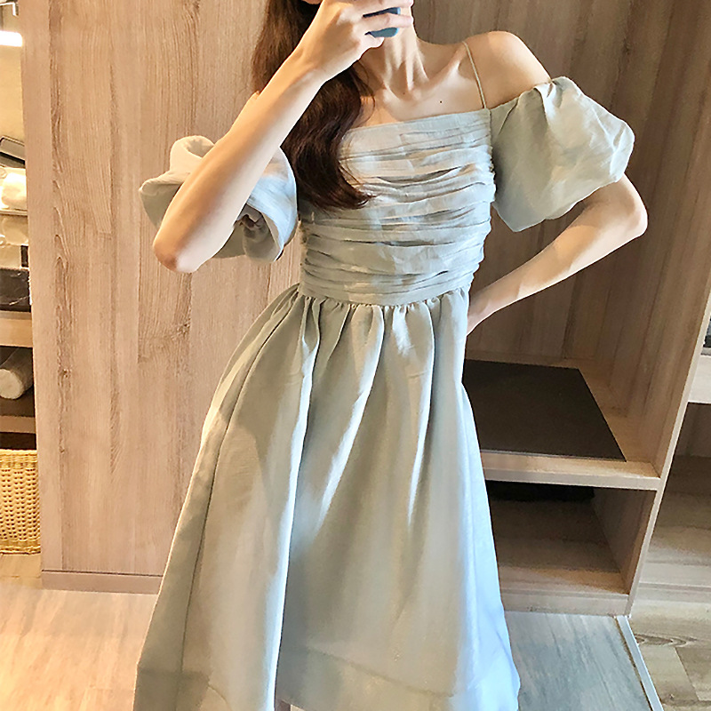 Đầm maxi nữ thắt eo dáng chữ A tay ngắn — Xanh lá cây chi tiết 6
