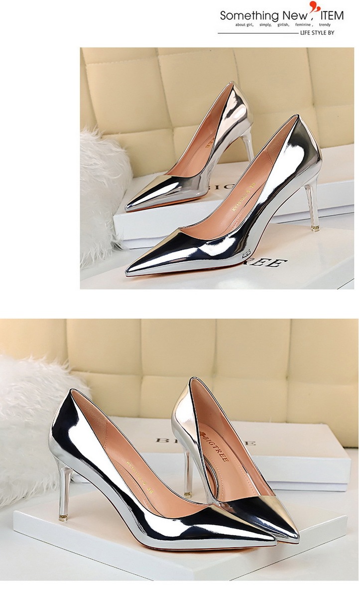 Giày cao gót nữ mũi nhọn gót kim loại phối da bóng — 9511-7 Bạc 10.5CM, 9511-7 đen 10.5CM, 9511-7 Đồng 10.5CM, 9511-7 màu sâm panh 10.5CM
