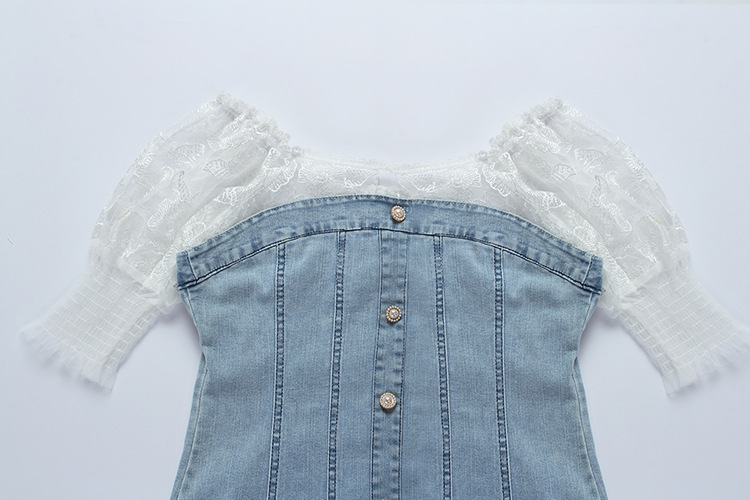 Đầm maxi nữ denim tay bồng cổ vuông không lưng — Trắng sọc chi tiết 7