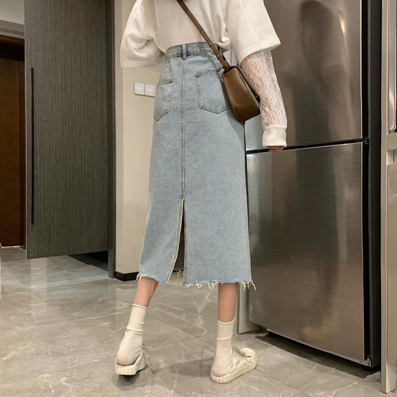 Vintage High Waisted A Line Denim Midi Skirt for Women Slim Fit Split Design Korean Style Perfect for Spring and