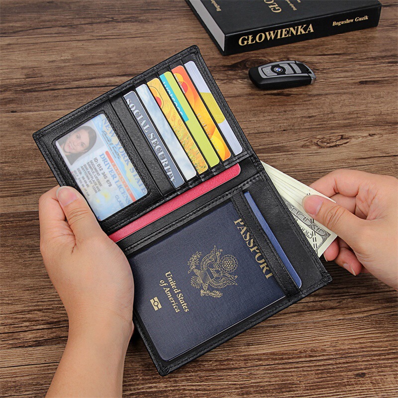 Ví passport da thật phong cách cổ điển nhiều khe thẻ chống trộm RFID kèm ngăn đựng tiền lẻ — Đen (da Nappa), Màu đen (mẫu chữ thập), Nâu đậm (da ngựa điên)