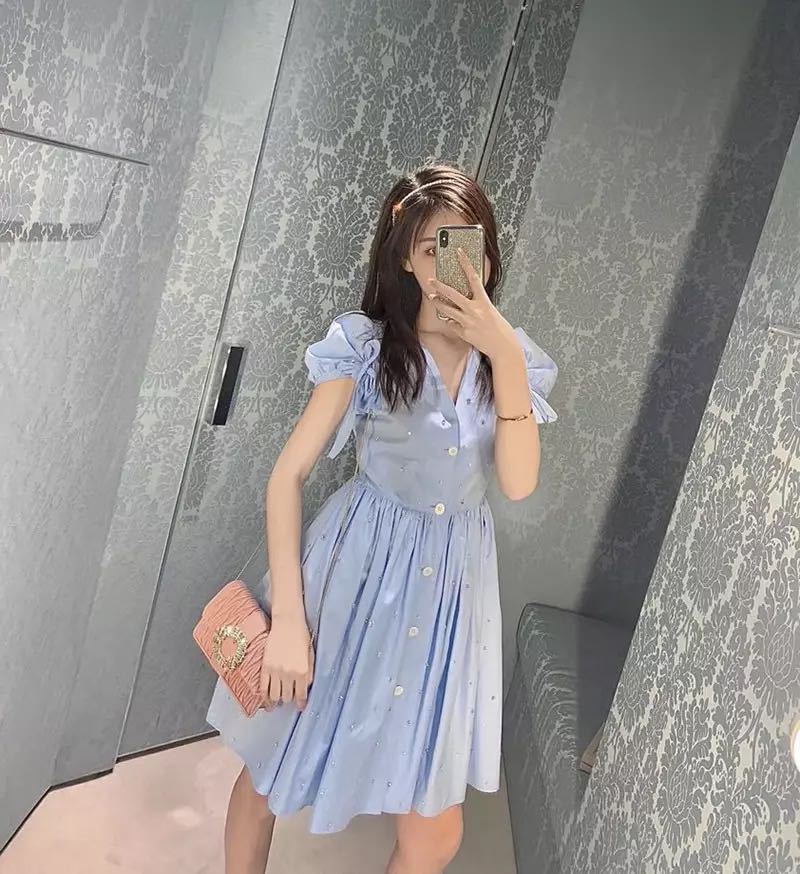 Đầm maxi nữ thắt eo A-line tay ngắn cổ V — Xanh nhạt chi tiết 3