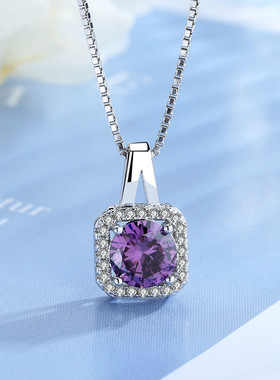 S925方形方块项链纯银女满钻简约锆石吊坠女生短款锁骨链姐妹礼物