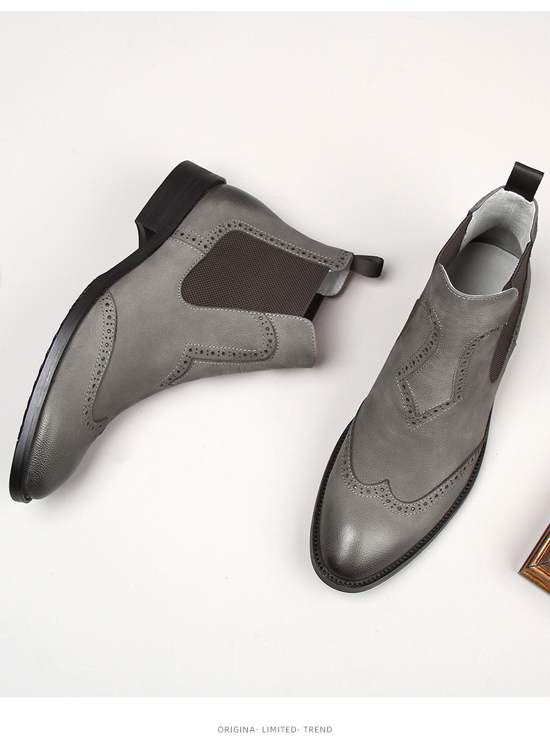 Boot Chelsea nam da bò thật vân vải thiều chạm khắc, cổ thấp lót lông giữ ấm — Màu đen lót nhung, Màu xám lót da, Màu đen lót da, Màu xám lót nhung