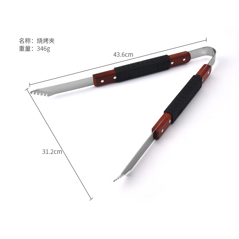 Factory wholesale stainless steel barbecue clip barbecue shovel cleaning brush rubber plastic sleeve wooden handle baking set