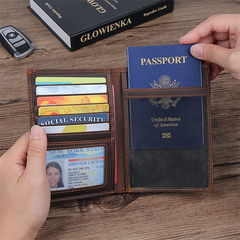 Ví passport da thật phong cách cổ điển nhiều khe thẻ chống trộm RFID kèm ngăn đựng tiền lẻ — Đen (da Nappa), Màu đen (mẫu chữ thập), Nâu đậm (da ngựa điên)