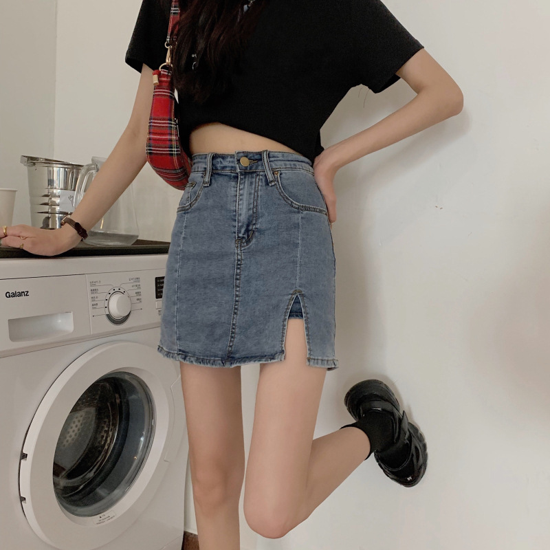 High Waisted Denim Skirt A Line Stretch Fabric Split Design Summer Casual Wear Wholesale Available