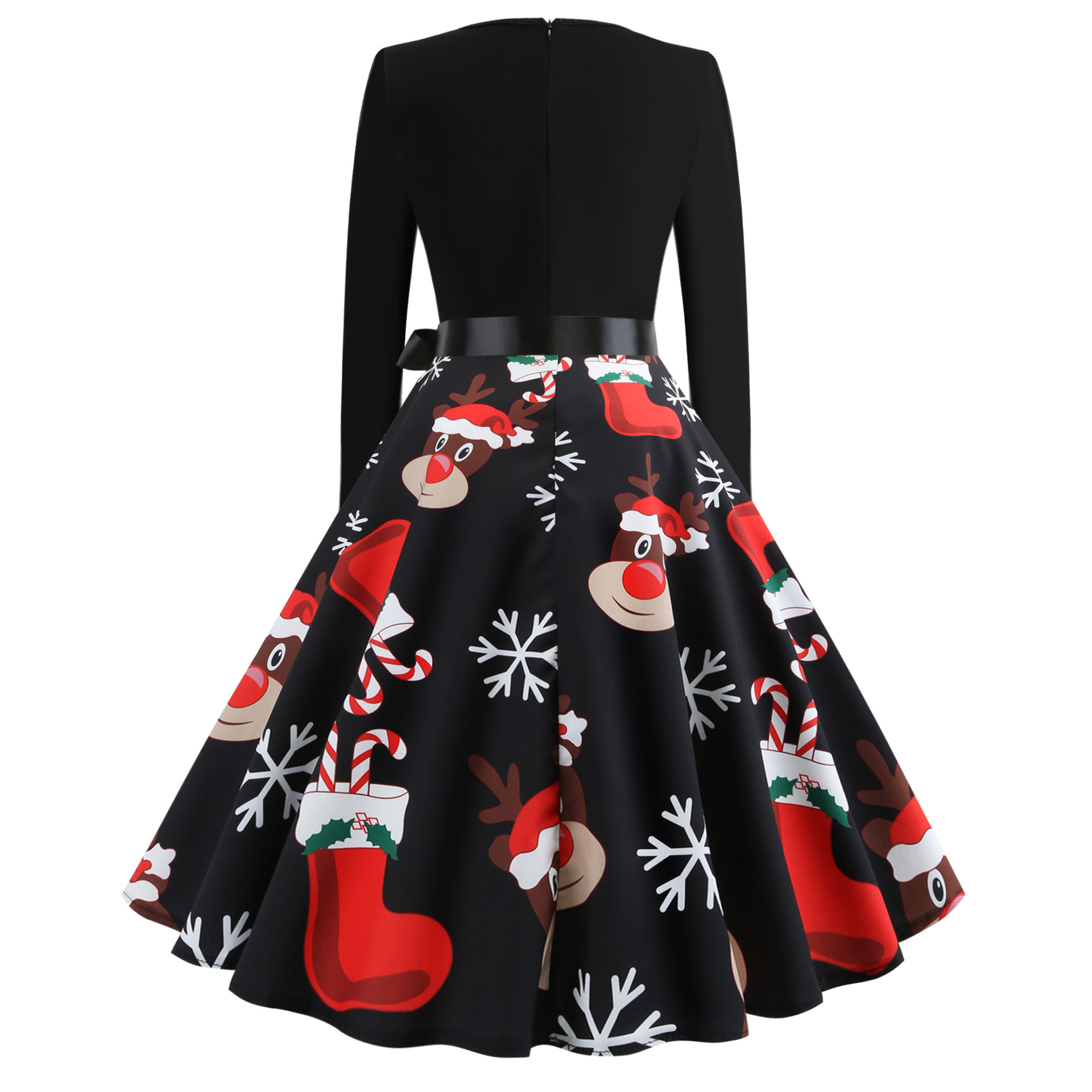 Vintage Floral Print Long Sleeve A Line Dress Round Neck Festive Style Perfect for Christmas Celebrations Ready to