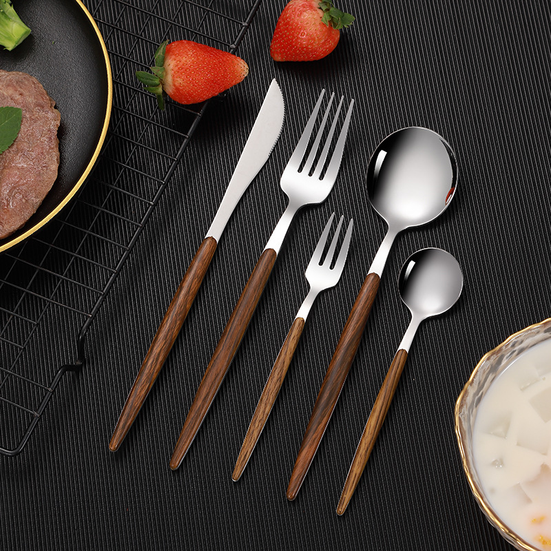 430 Stainless Steel Imitation Wooden Clamp Handle Knife and Fork Spoon Tea Spoon Tea Spoon Tea Fork Western Food Steak Knife Household Tableware