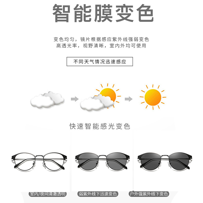 Men's Versatile Simple Retro Frame Women's Polarized Metal Ultra-Light Myopia Glasses Color-Changing Anti-Blue Light Glasses for Men