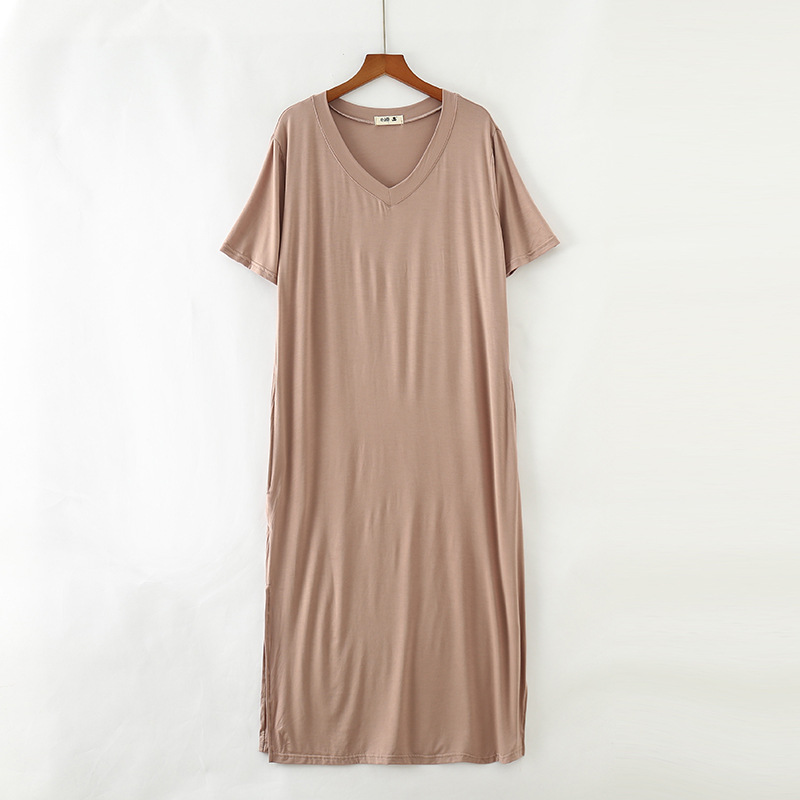 夏新款女装新款韩版V领短袖棉大码莫代尔连衣裙宽松休闲开叉长裙