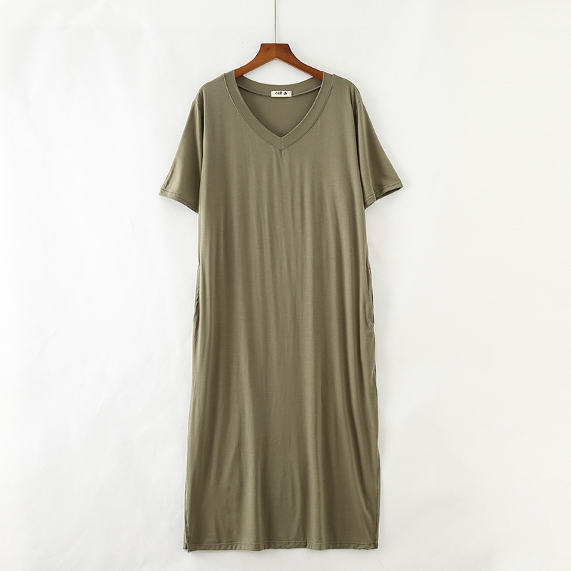夏新款女装新款韩版V领短袖棉大码莫代尔连衣裙宽松休闲开叉长裙