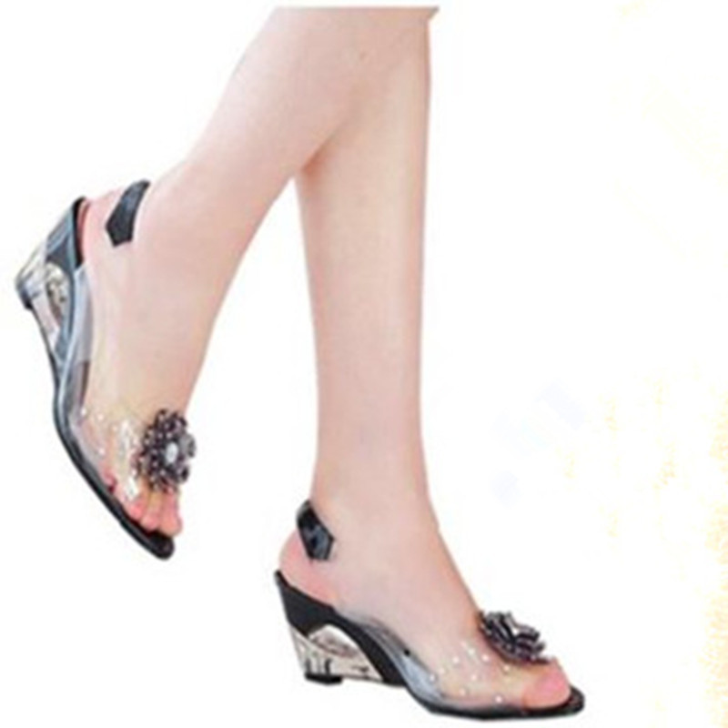 Aliexpress Foreign Trade Crystal Wedge Shoes for Women, Roman Flat Sandals with Rhinestone Flower Fish Mouth, Korean Style Sandals for Women, Sizes 40-45
