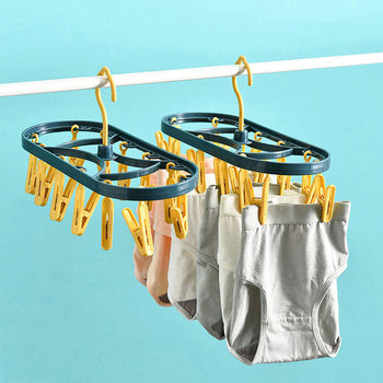 Household Balcony 12-Clip Clothes Hanger for Underwear and Socks, Plastic Oval Multi-Head Two-Color Windproof Clip Children's Drying Rack