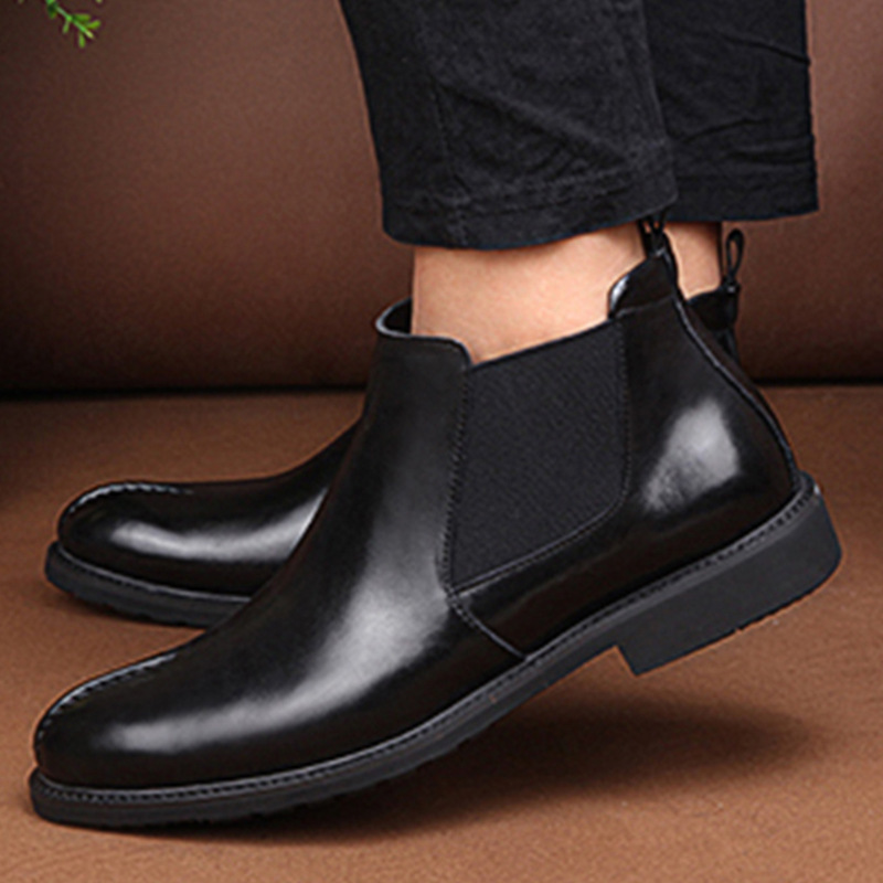 Boot Chelsea nam cổ thấp mũi nhọn bằng da bò, đế mềm giữ ấm mùa đông — Màu đen lót da, Màu đen lót nhung