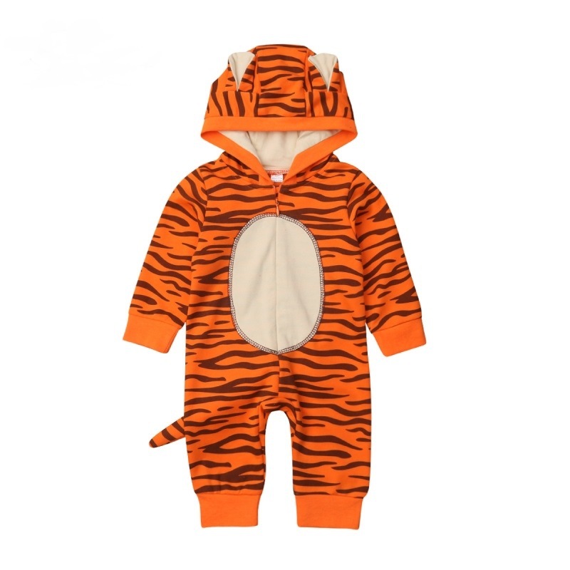 Full Moon Clothing Ins Popular Tiger-Shaped Hooded with Tail Long-Sleeved Rompers Directly Supplied with Round Neck for Infants and Young Children