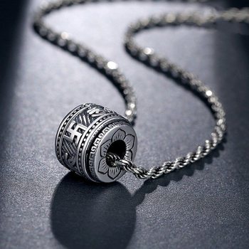 Rotating Bead Pendant Men's Six-Character Motto Necklace Imitation Thai Silver Retro Jewelry Couple Men's Personalized Versatile Sweater Chain