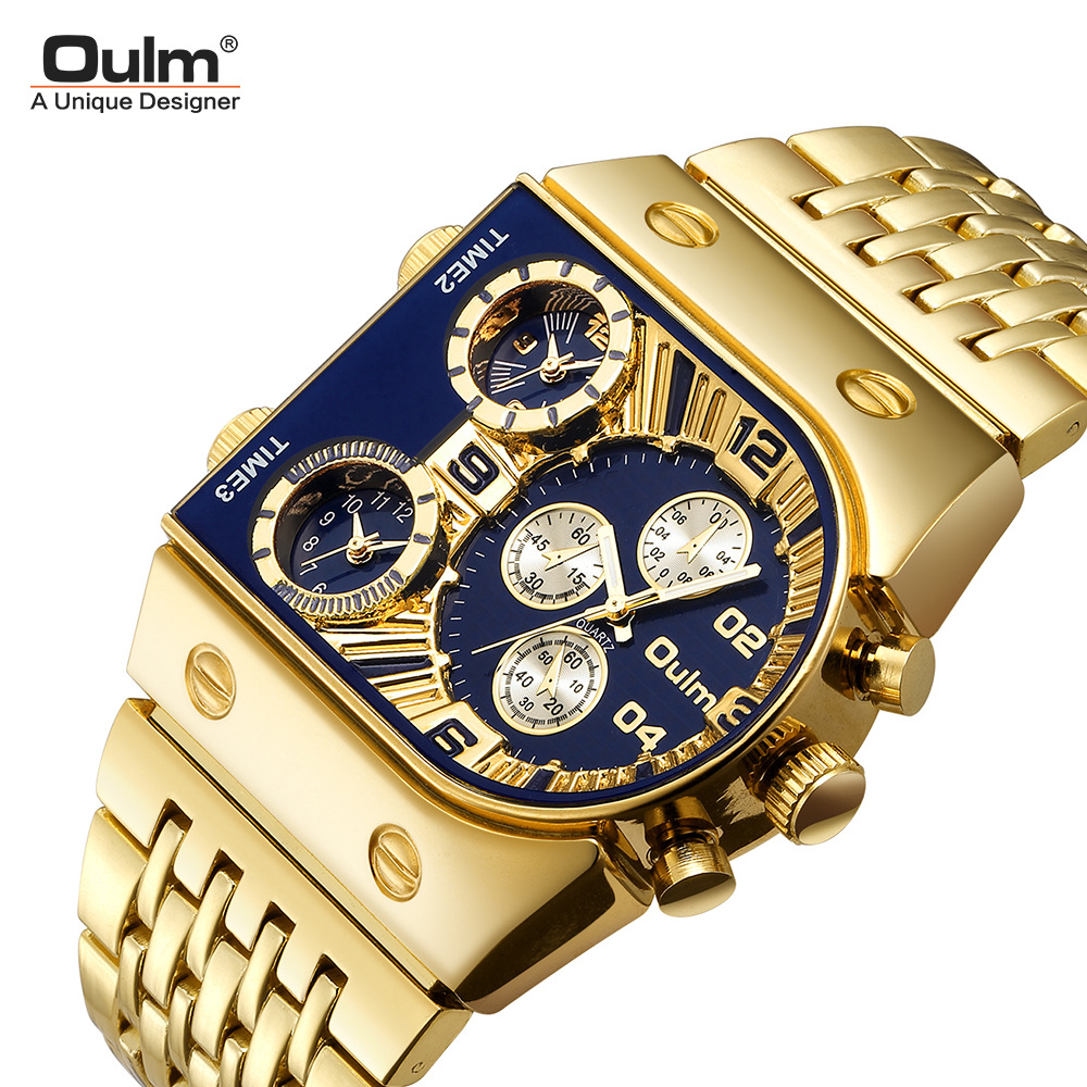 Oulm Oulm 9315 New Multi-Time Zone Large Dial Luminous Men's Watch Steel Belt Cross-Border Quartz Watch Gold