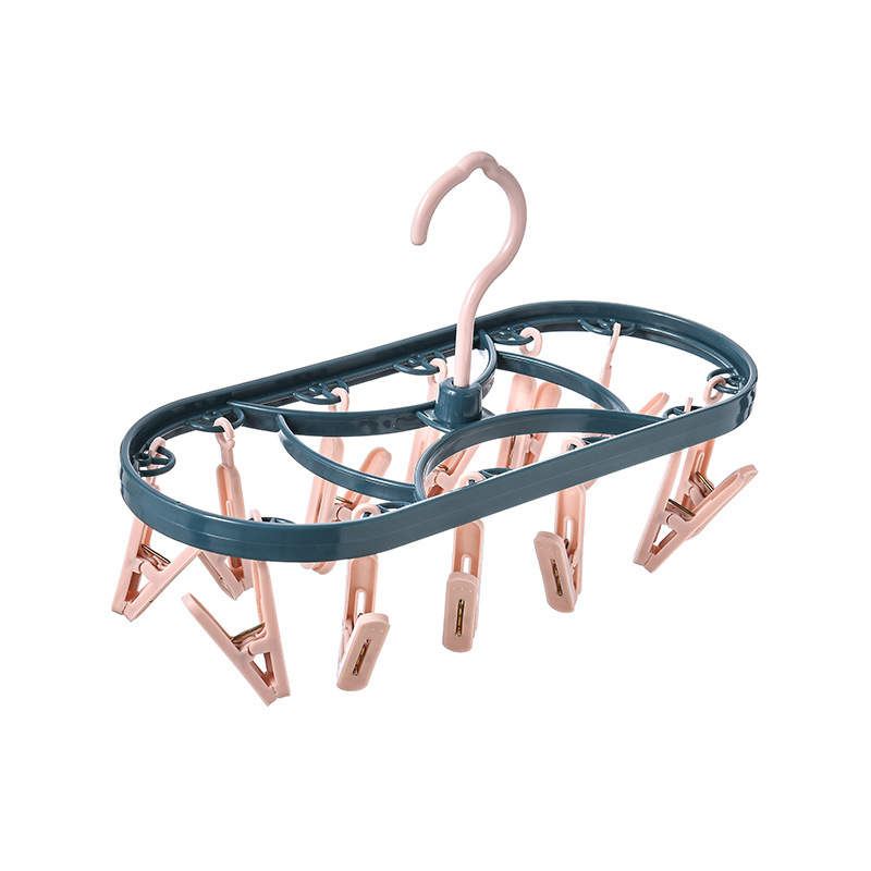 Household Balcony 12 Clip Clothes Hanger Underwear Socks Plastic Oval Multi-head Two-color Windproof Clip Children's Drying Hanger