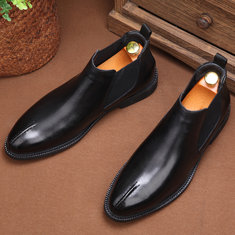 Boot Chelsea nam cổ thấp mũi nhọn bằng da bò, đế mềm giữ ấm mùa đông — Màu đen lót da, Màu đen lót nhung