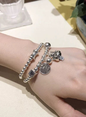 S925纯银手链女韩国复古手工招财猫圆牌多圈银珠时尚百搭手串礼物