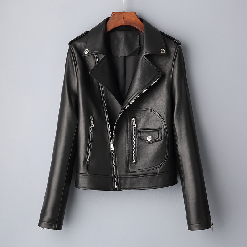 Áo Khoác Da Cừu Nữ Cổ chữ Vest Kiểu Ngắn Ôm Dáng Phong Cách Biker Màu Nâu