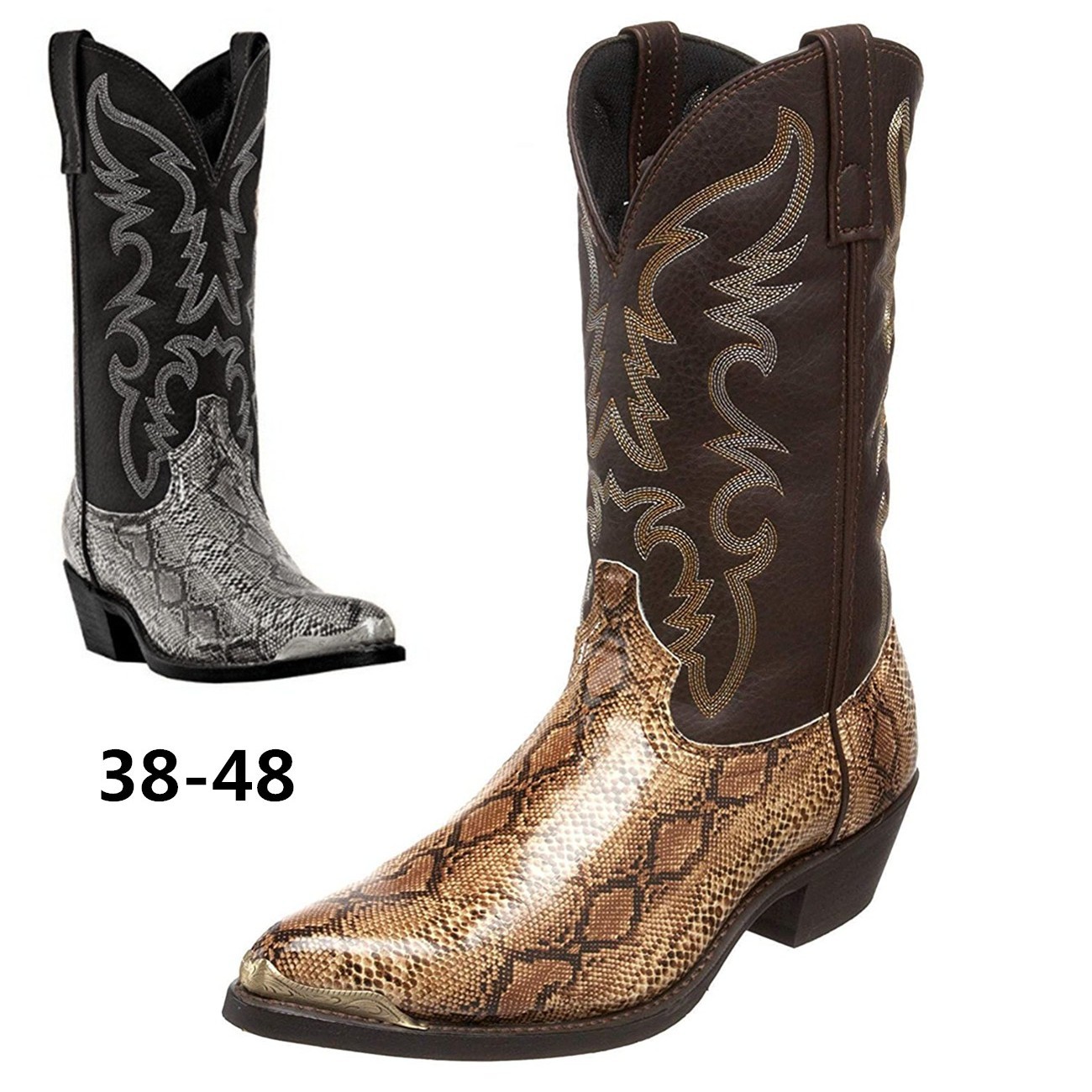 High Heel Western Cowboy Boots Couple European and American Men and Women 38-48 Hardware Toe Decoration