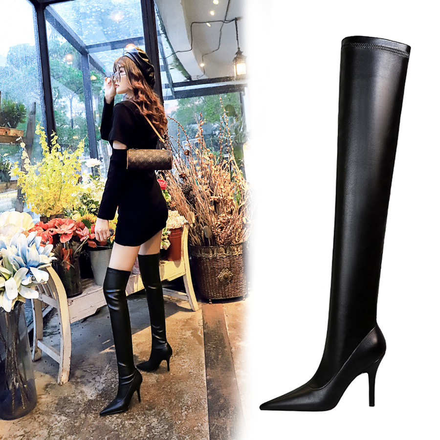 Boot nữ cổ cao quá gối mũi nhọn gót cao tôn dáng — Màu đen lót một lớp, Màu đen lót nhung