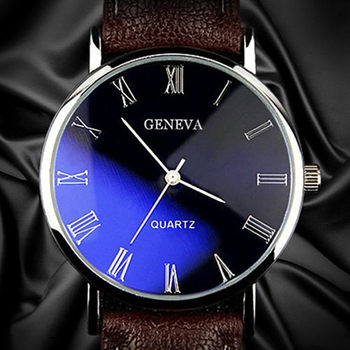 Geneva Men's Watch Belt Watch Blue Light Roman Lettering Business Men's Watch Quartz Watch Wholesale Blue Light Dial
