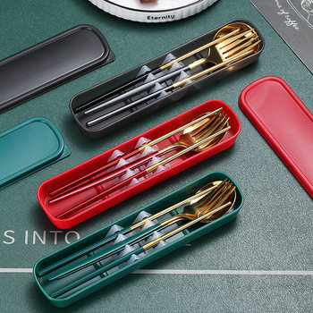 Internet celebrity Portuguese stainless steel tableware suit student tableware fork spoon chopsticks three-piece portable travel suit