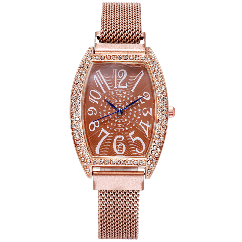 New Style Diamond-Encrusted Barrel-Shaped Women's Watch Rose Gold Magnetic Mesh Strap Large Digital Dial Light Luxury Fashion Watch for Women