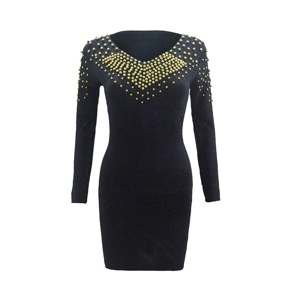 Womens Long Sleeve Knit Dress Sexy V Neck Beaded Detail Bodycon Fit Autumn Winter Fashion Wholesale Available