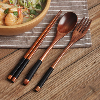 Japanese-style Wooden Spoon Fork Chopsticks Three-piece Set with Long Handle Solid Wood Adult Portable Spoon Fork Cloth Bag Tableware