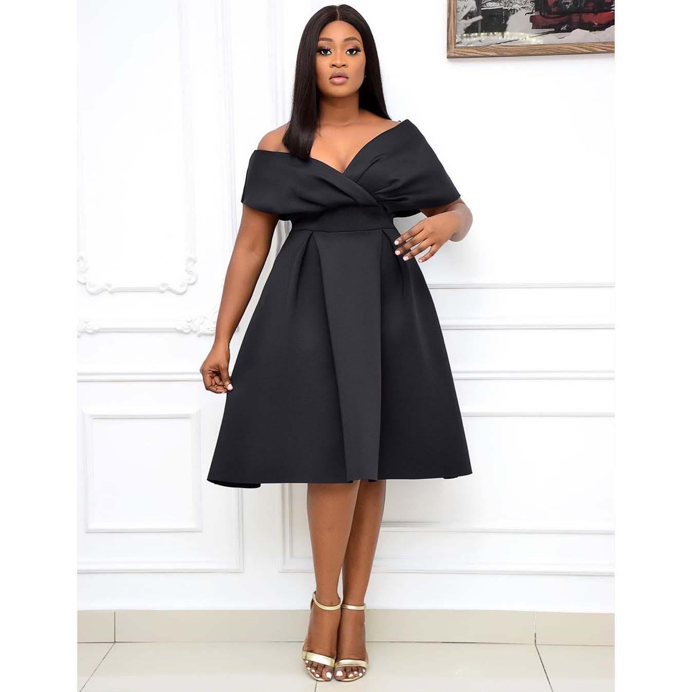Plus Size African Womens Evening Dress Short Sleeve V Neck Off Shoulder Flared Hem Elegant Party Wear Wholesale
