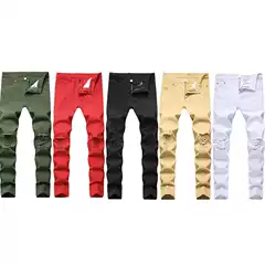 Summer Beggar Ripped Jeans Men's Five-color Ripped Pants Men's Slim-fit Knee Ripped Stretch Casual Jeans Trendy