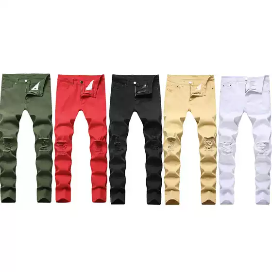 Summer Beggar Ripped Jeans Men's Five-color Ripped Pants Men's Slim-fit Knee Ripped Stretch Casual Jeans Trendy
