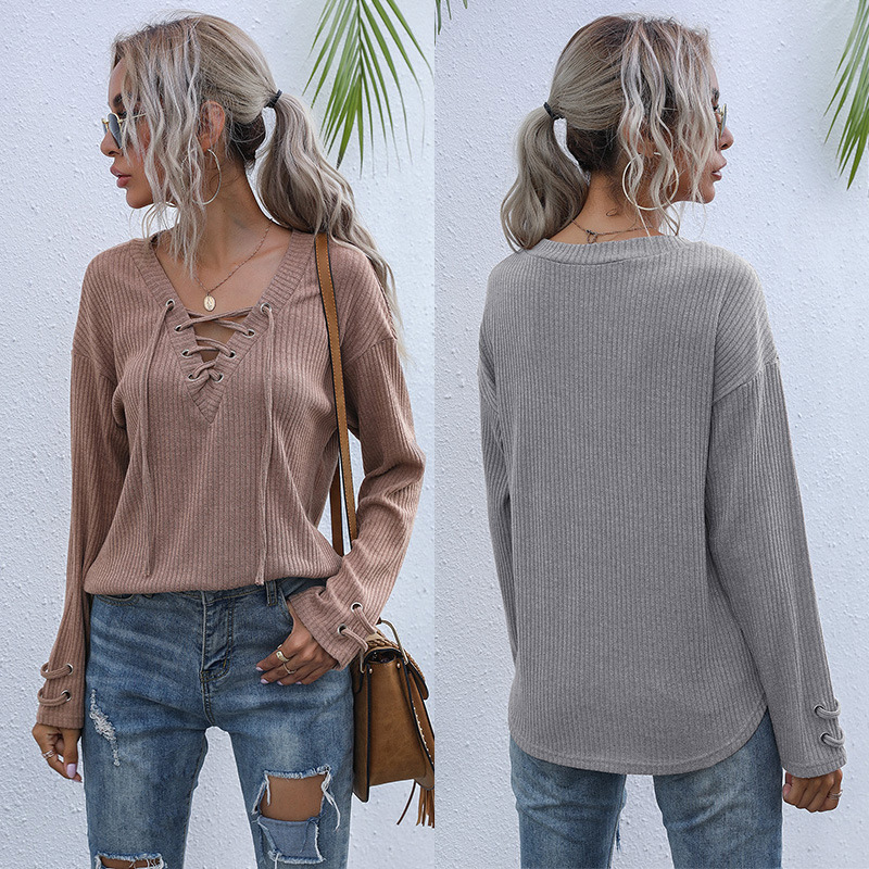 Casual Long Sleeve T Shirt Loose Fit Solid Color Stylish Design Womens Apparel for Everyday Wear Wholesale